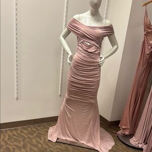 Cinderella Divine Pink Off Shoulder Ruched Prom Gown